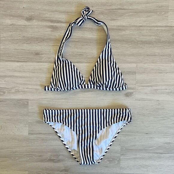 NWT Ocean 101 Bikini Two Piece Swimsuit White Navy Stripe M - Picture 2 of 6